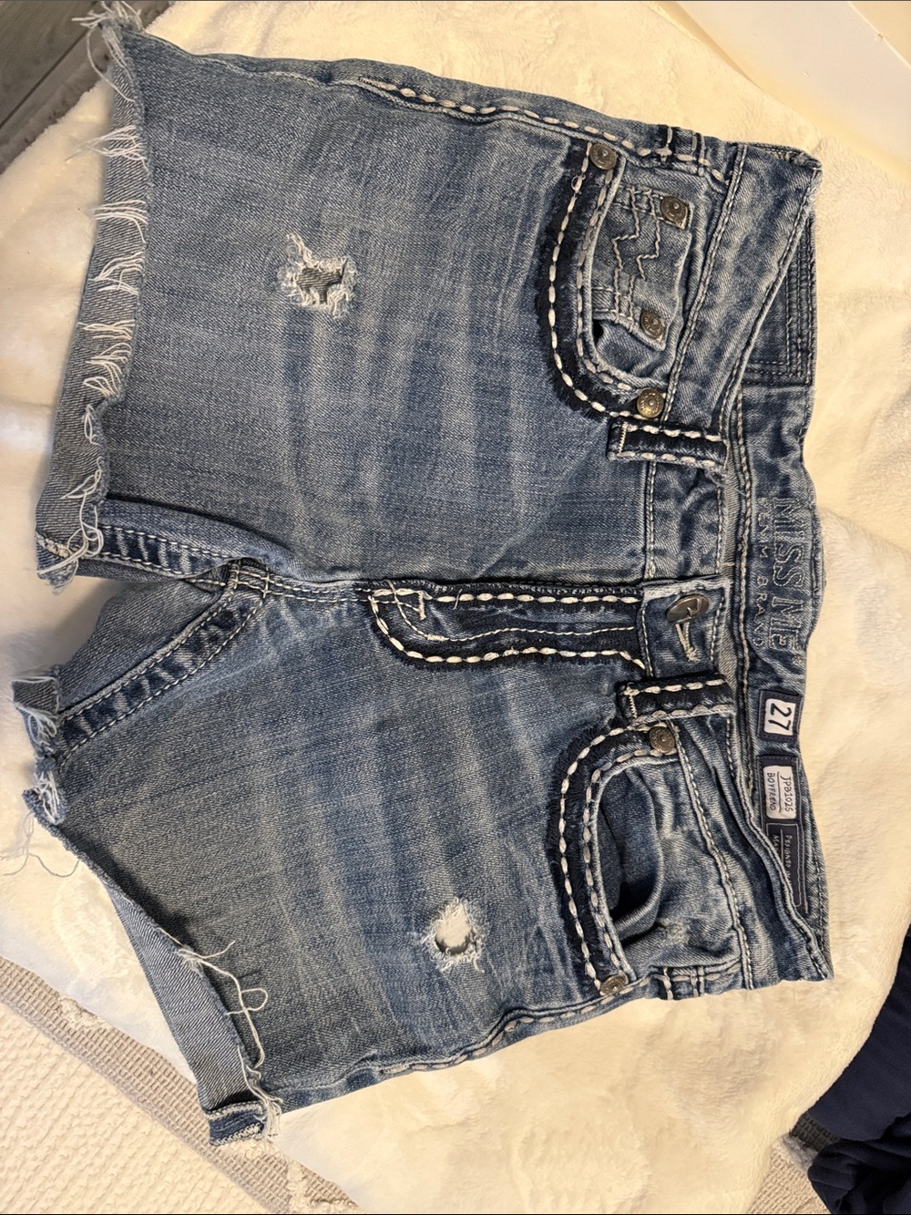 Miss Me Distressed Embroidered-Trim Denim Shorts - Blue 27